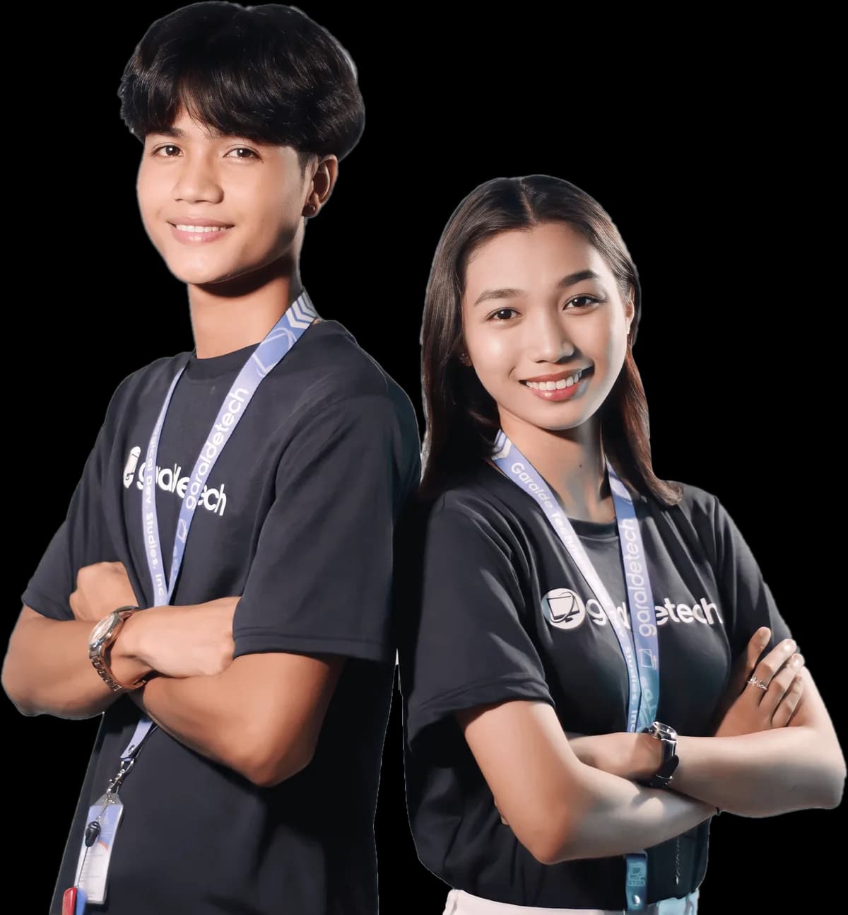 Two GaraldeTech students in GaraldeTech uniforms and IDs